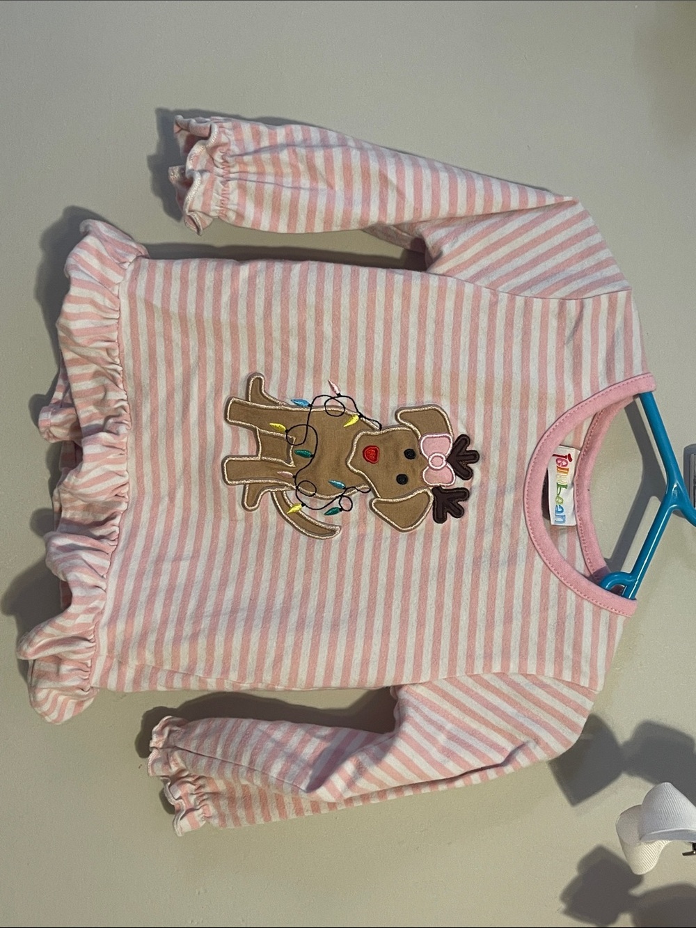 Girls Pink Striped Ruffle Hem Long-Sleeve with Reindeer dog 18 month jellybean
